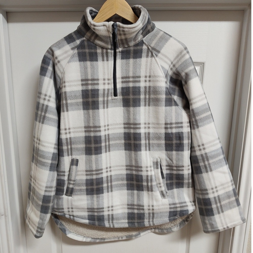 Jachs Girlfriend Womens Grey Plaid Sherpa Lined 1/4 Zip Fleece Pullover Medium